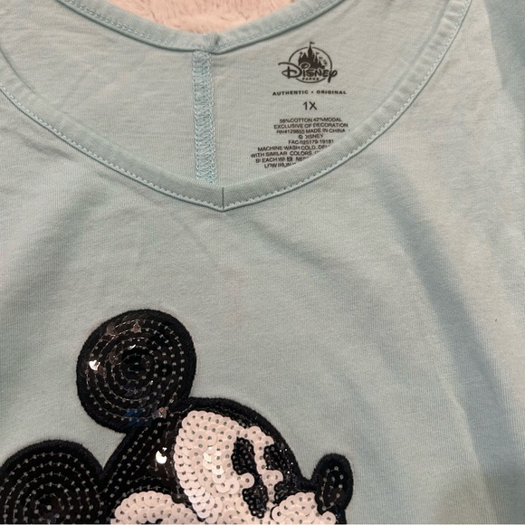 Disney Parks - Mickey Mouse Aqua Sequin Cotton Blend Short Sleeve Dolman Top 1X - Picture 2 of 8